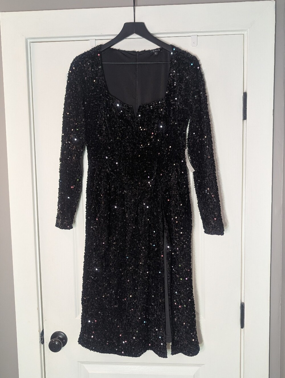 Draped Waist Leg Slit Black Sequin Long Sleeve Midi Dress